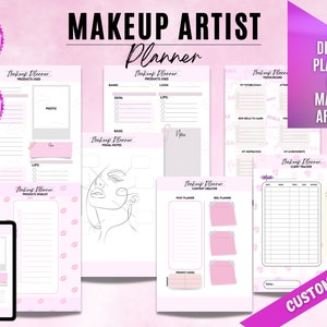 Puede incluir: Un planificador digital para maquilladores con páginas para listas de productos, seguimiento de clientes, creación de contenido y notas visuales. El planificador tiene un esquema de color rosa y blanco con un dibujo de línea de una cara de mujer.