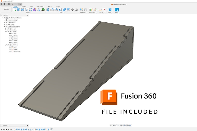 May include: A 3D model of a ramp made of wood, designed in Autodesk Fusion 360. The ramp is angled upwards and has a flat surface.