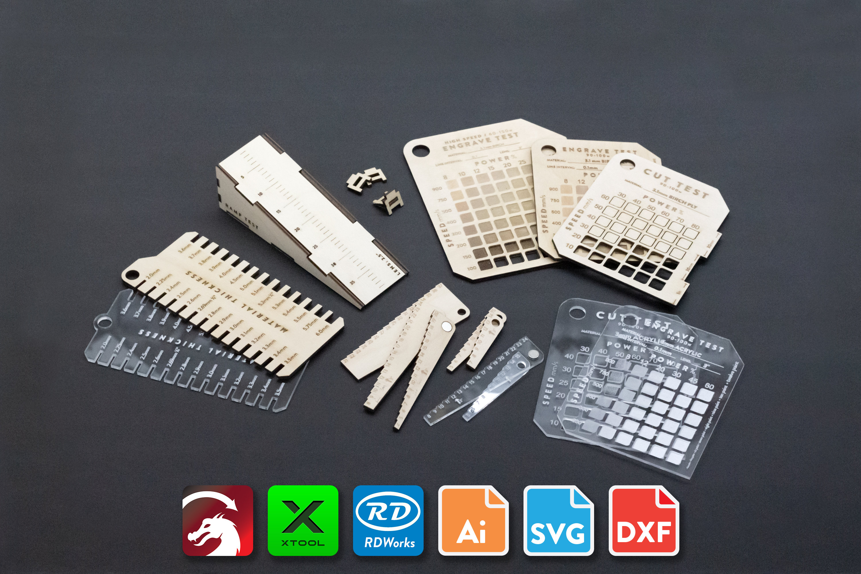 Ultimate Laser Calibration Pack - Cutting Engraving Test Cards, Focus Depth Gauge, Ramp Test, Kerf Test, & Material Thickness Tester