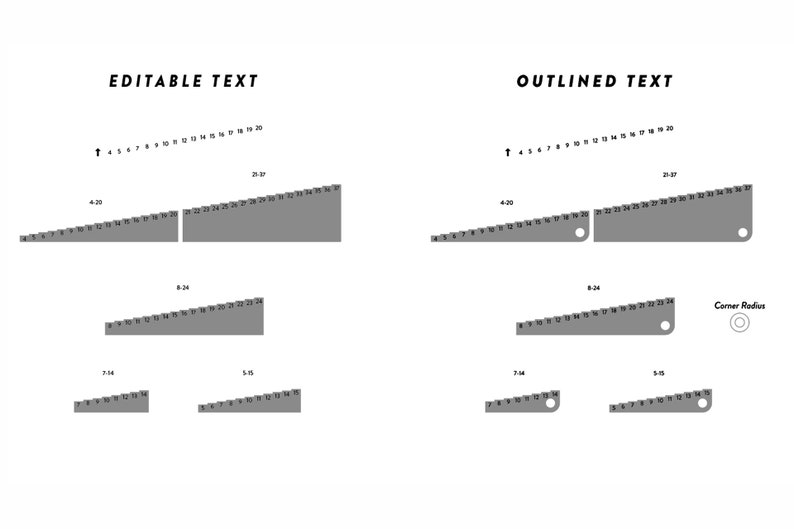Pu&ograve; includere: Un set di righelli grigi di diverse lunghezze e marcature. I righelli sono etichettati con numeri da 1 a 30. Il testo "EDITABLE TEXT" e "OUTLINED TEXT" &egrave; visualizzato sopra i righelli.