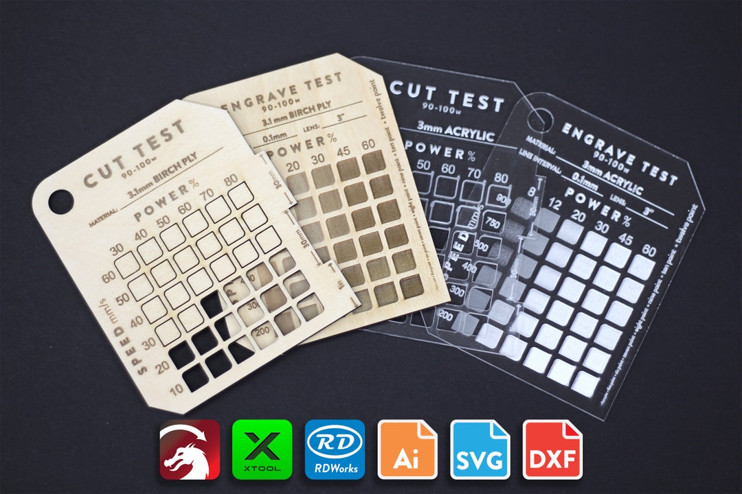 Laser Cutting & Engraving Test Cards, Versions for 5w, 10w, 20w, 40w, 60w, 80w, 100w, 150w