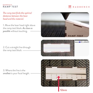 May include: A diagram showing how to use a ramp test to find the optimal distance between a laser head and material. The diagram shows a laser head cutting a line through a wooden ramp test block. The diagram also shows a ruler measuring the width of the line, which is 12mm.