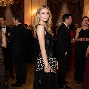 May include: A woman in a black formal dress with gold embroidery and a black and white geometric clutch. The clutch has a gold tassel. The event is in a ballroom with chandeliers and other guests in formal attire.