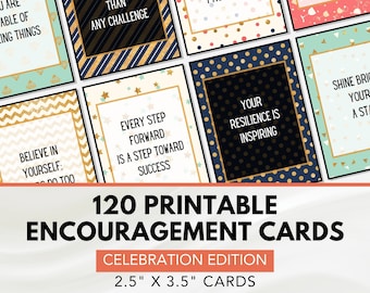 Può includere: 120 carte di incoraggiamento stampabili in edizione celebrativa. Le carte misurano 2,5 pollici per 3,5 pollici e presentano messaggi positivi in ​​lettere dorate su una varietà di sfondi colorati.