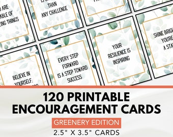 Può includere: 120 carte di incoraggiamento stampabili con un tema di vegetazione. Le carte presentano citazioni ispiratrici e sono stampate su cartoncino bianco con uno sfondo acquerellato verde. Le carte misurano 2,5 pollici per 3,5 pollici.