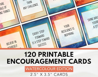 Può includere: 120 carte di incoraggiamento stampabili con sfondi ad acquerello. Le carte presentano affermazioni positive come "La tua forza è più grande di qualsiasi sfida" e "Ogni passo avanti è un passo verso il successo". Le carte misurano 2,5 pollici per 3,5 pollici.