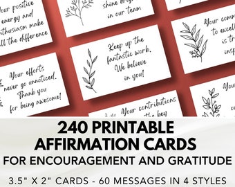 Può includere: 240 carte di affermazione stampabili per incoraggiamento e gratitudine. Le carte misurano 8,9 cm per 5,1 cm e presentano 60 messaggi in 4 stili. Le carte hanno uno sfondo bianco con testo nero e semplici disegni di foglie e fiori.