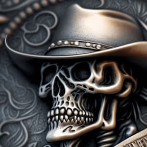 Könnte beinhalten: Ein silberner Schädel, der einen Cowboyhut mit einer Perlenband trägt. Der Schädel ist detailliert gestaltet und vor einem dunklen, strukturierten Hintergrund platziert.