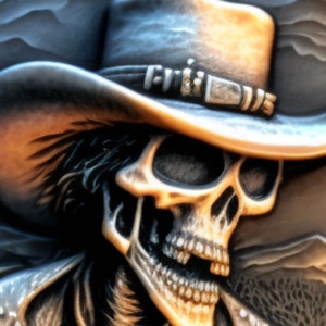 Könnte beinhalten: Ein Schädel, der einen breitkrempigen Cowboyhut mit einem goldenen Band trägt. Der Schädel hat ein detailliertes, realistisches Aussehen mit einem zahnigen Grinsen.