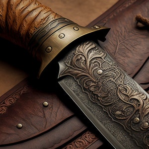 Könnte beinhalten: Nahaufnahme eines dekorativen Dolches mit einem braunen Ledergriff und einer Messing-Schutzbügel. Die Klinge ist aufwendig mit einem floralen Muster graviert.