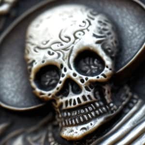 Könnte beinhalten: Ein silberner Schädel mit komplizierten Designs und einem detaillierten Gesicht. Der Schädel ist ein dekoratives Element mit einer gotischen Ästhetik.