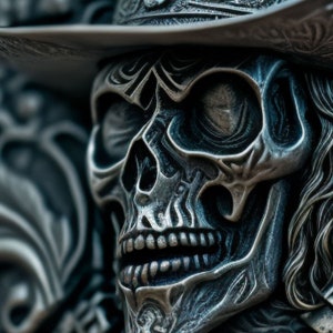 Könnte beinhalten: Eine detaillierte silberne Schädelskulptur mit einem Cowboyhut. Der Schädel hat komplizierte Details und eine strukturierte Oberfläche.