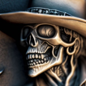 Könnte beinhalten: Eine detaillierte Bronzeskulptur eines Schädels, der einen Cowboyhut trägt. Der Schädel hat ein realistisches, detailliertes Design mit sichtbaren Zähnen und Augenhöhlen.