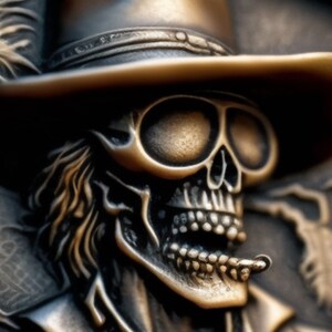 Könnte beinhalten: Ein bronzenfarbener Schädel mit Cowboyhut und Sonnenbrille, der eine Zigarette im Mund hält. Der Schädel hat ein detailliertes Design und eine verwitterte Optik.