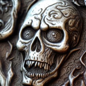 Könnte beinhalten: Ein detaillierter silberner Schädel mit aufwendigen Schnitzereien und großen, offenen Augen. Der Schädel hat einen bedrohlichen Ausdruck mit scharfen Zähnen.