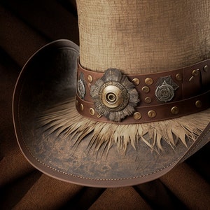 Könnte beinhalten: Ein brauner Cowboyhut aus Leder mit breiter Krempe und einem dekorativen Band. Das Band ist aus braunem Leder und hat Metallverzierungen, darunter ein großes kreisförmiges Design in der Mitte.