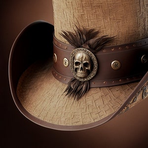 Könnte beinhalten: Ein brauner Cowboyhut aus Leder mit einem Totenkopfdesign auf dem Band. Der Hut hat eine breite Krempe und eine hohe Krone.