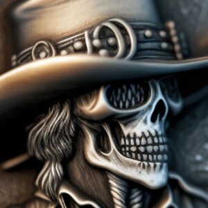 Könnte beinhalten: Ein silberner Schädel, der einen breitkrempigen Cowboyhut mit einem silbernen Band und Nieten trägt. Der Schädel hat ein detailliertes Gesicht mit einem langen Bart und einem breitkrempigen Hut.