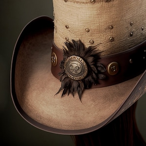 Könnte beinhalten: Ein brauner Cowboyhut aus Leder mit breiter Krempe und einem dekorativen Band mit einem Metallemblem und Federn.