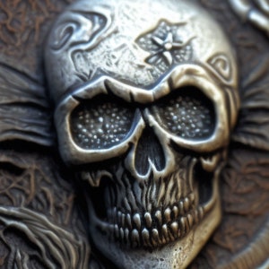 Könnte beinhalten: Ein silberner Schädel mit komplizierten Details, darunter ein Blumendesign auf der Stirn und eine strukturierte Oberfläche. Der Schädel hat eine detaillierte Kinnlinie und Zähne.