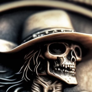 Könnte beinhalten: Ein silberner Schädel, der einen Cowboyhut trägt. Der Schädel hat ein detailliertes Gesicht mit einer prominenten Nase und einem ausgeprägten Kiefer. Der Hut wird tief über den Augen des Schädels getragen.