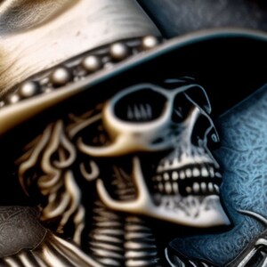 Könnte beinhalten: Ein silberner Schädel, der einen Cowboyhut trägt. Der Schädel ist detailliert gestaltet und vor einem dunkelblauen Hintergrund platziert.