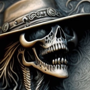 Könnte beinhalten: Ein detaillierter, silberner Schädel, der einen breitkrempigen, silbernen Hut mit komplizierten Designs trägt. Der Schädel hat ein zahniges Grinsen und eine dunkle, schattenhafte Augenhöhle.