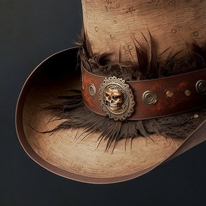 Könnte beinhalten: Ein brauner Cowboyhut mit breiter Krempe, einem Lederband und einer Totenkopf-Schnalle aus Metall. Der Hut ist mit Federn verziert.
