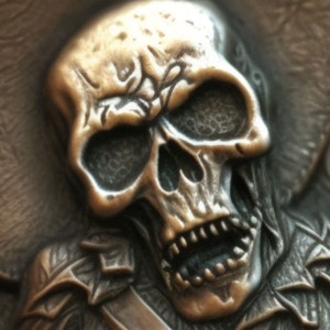 Könnte beinhalten: Eine detaillierte silberne Schädelskulptur mit einer rissigen Stirn und einem offenen Mund, der scharfe Zähne zeigt. Der Schädel ist vor einem strukturierten Hintergrund platziert.