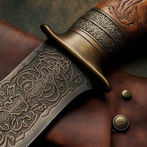 Könnte beinhalten: Nahaufnahme eines dekorativen Messers mit einem verzierten Messinggriff und einer Klinge mit komplizierten Blumenmustern. Das Messer liegt auf einer braunen Lederscheide.