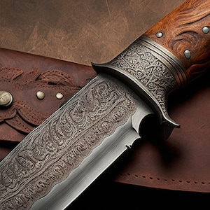 Könnte beinhalten: Ein großes, kunstvoll gravierter Messer mit einem braunen Holzgriff. Die Klinge ist silberfarben und hat ein detailliertes, eingeätztes Muster. Der Griff ist aus Holz mit einer dunkelbraunen Beize.