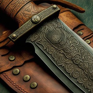 Könnte beinhalten: Nahaufnahme eines dekorativen Dolches mit aufwendigen Schnitzereien auf Klinge und Griff. Der Dolch befindet sich in einer braunen Lederscheide mit dekorativen Nähten.