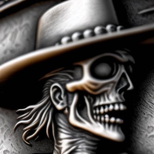 Könnte beinhalten: Ein silberner Schädel, der einen Cowboyhut trägt. Der Schädel ist detailliert gestaltet mit einer sichtbaren Augenhöhle und Zähnen.