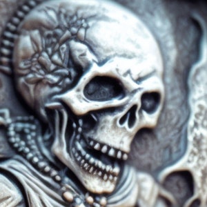 Könnte beinhalten: Ein silberner Schädel mit einem floralen Design auf dem Kopf. Der Schädel ist detailliert mit einem offenen Mund in einem Schrei und einer strukturierten Oberfläche.