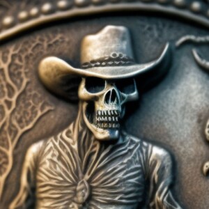 Könnte beinhalten: Ein silberner Schädel, der einen Cowboyhut mit schwarzem Band trägt. Der Schädel ist detailliert gestaltet und vor einem dunklen Hintergrund platziert.