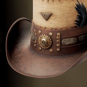 Könnte beinhalten: Ein brauner und beigefarbener Cowboyhut mit einem Lederband, das mit Messingnieten und dekorativen Metallakzenten verziert ist. Eine schwarze Feder ist an der Seite befestigt. Der Hut hat eine breite Krempe und eine hohe Krone.