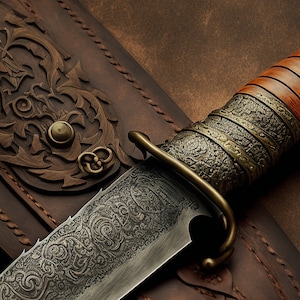 Könnte beinhalten: Eine Nahaufnahme eines dekorativen Messers mit einem verzierten Griff und einer Klinge. Der Griff ist aus Holz und Metall, und die Klinge ist mit komplizierten Schnitzereien verziert. Das Messer liegt auf einer braunen Lederscheide.