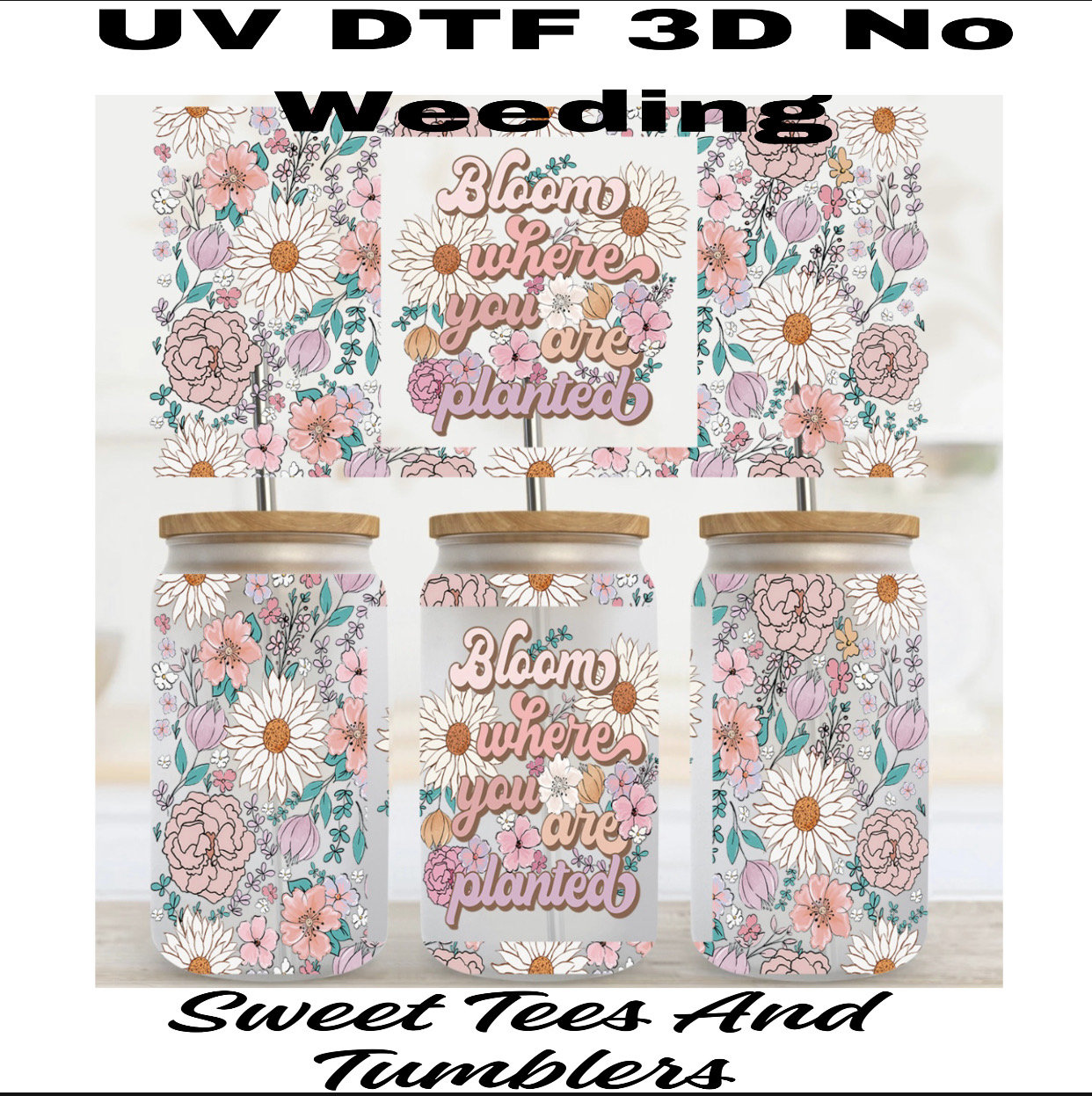 3d Uv Dtf Wrap Transfer Cup Mom Coffee Flower Print Sticker Glass