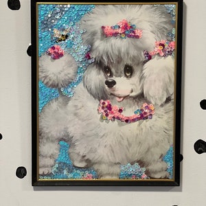 floof & bee - sequin art / maximalist art / bold wall decor / cute dog art