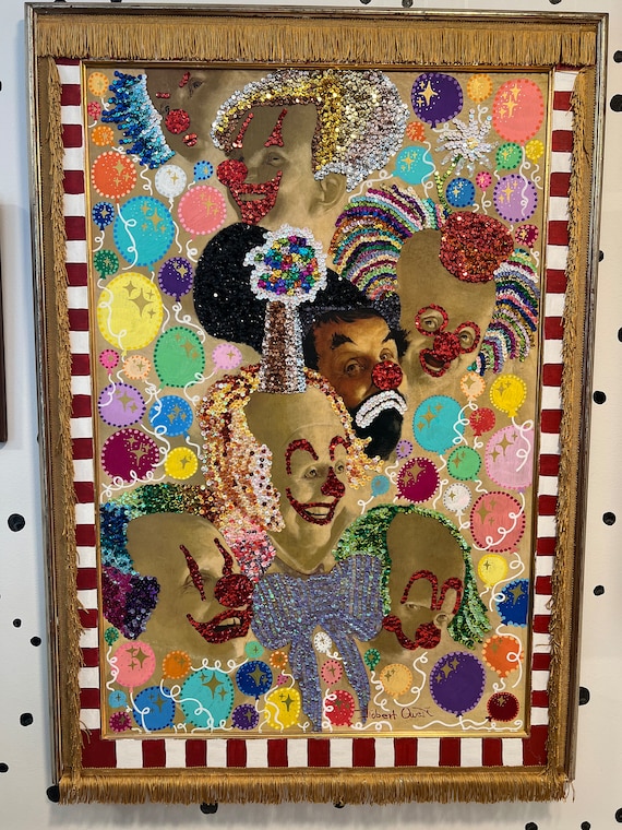 sparkles t. clowns - sequin art / maximalist art / bold wall decor / creepy clowns / colorful art / circus