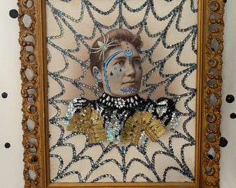 TABITHA - sequin art / maximalist / bold wall decor / halloween art / creepy wall decor / haunted spooky portrait / salem ma / tattooed lady