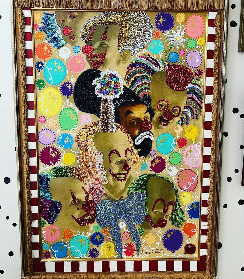 sparkles t. clowns - sequin art / maximalist art / bold wall decor / creepy clowns / colorful art / circus image 5