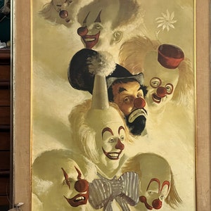 May include: A framed painting of five clowns with white faces, red noses, and colorful costumes. The painting is signed "Robert Owen" in the bottom right corner.