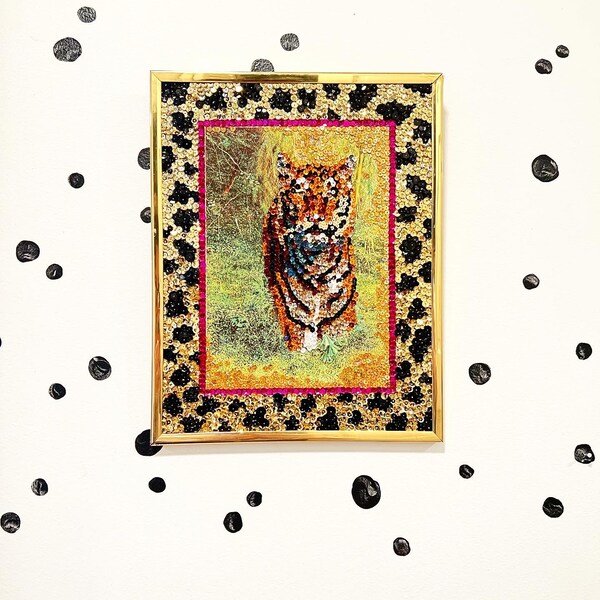 tiger queen - sequin art / maximalist art / bold wall decor / tiger art / leopard print