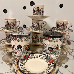 vintage sandland ware demitasse 21 piece set with jam or preserve pots, spoons, lids, mugs, cups, saucers - antique jam jar or mustard pots