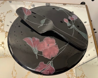 vintage mikasa cake plate and server - opus black tango / 1980 cake plate / black cake plate with pink floral and greenery / fine bone china