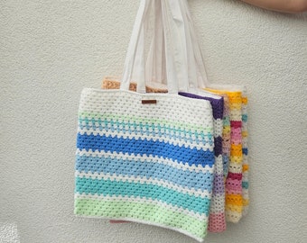 Gehaakte boodschappentas, draagtas, strandtas, shopper, katoenen tas, canvas tas, kleurrijk, handgemaakt