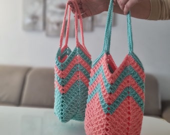 Gehaakte boodschappentas in koraal/turkoois, gestreept, gehaakte tas, zomertas, zomeraccessoire, draagtas, shopper handgemaakt