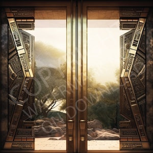 以下が含まれることがあります： 複雑な幾何学模様が施された、金色の装飾的な二重扉。扉が開いており、木々や岩のある緑豊かな風景が見える。