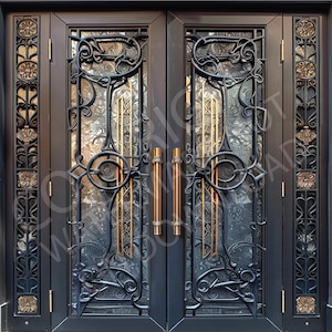 May include: Double black wrought iron doors with intricate gold accents and glass panels. The doors have ornate handles and decorative side panels.